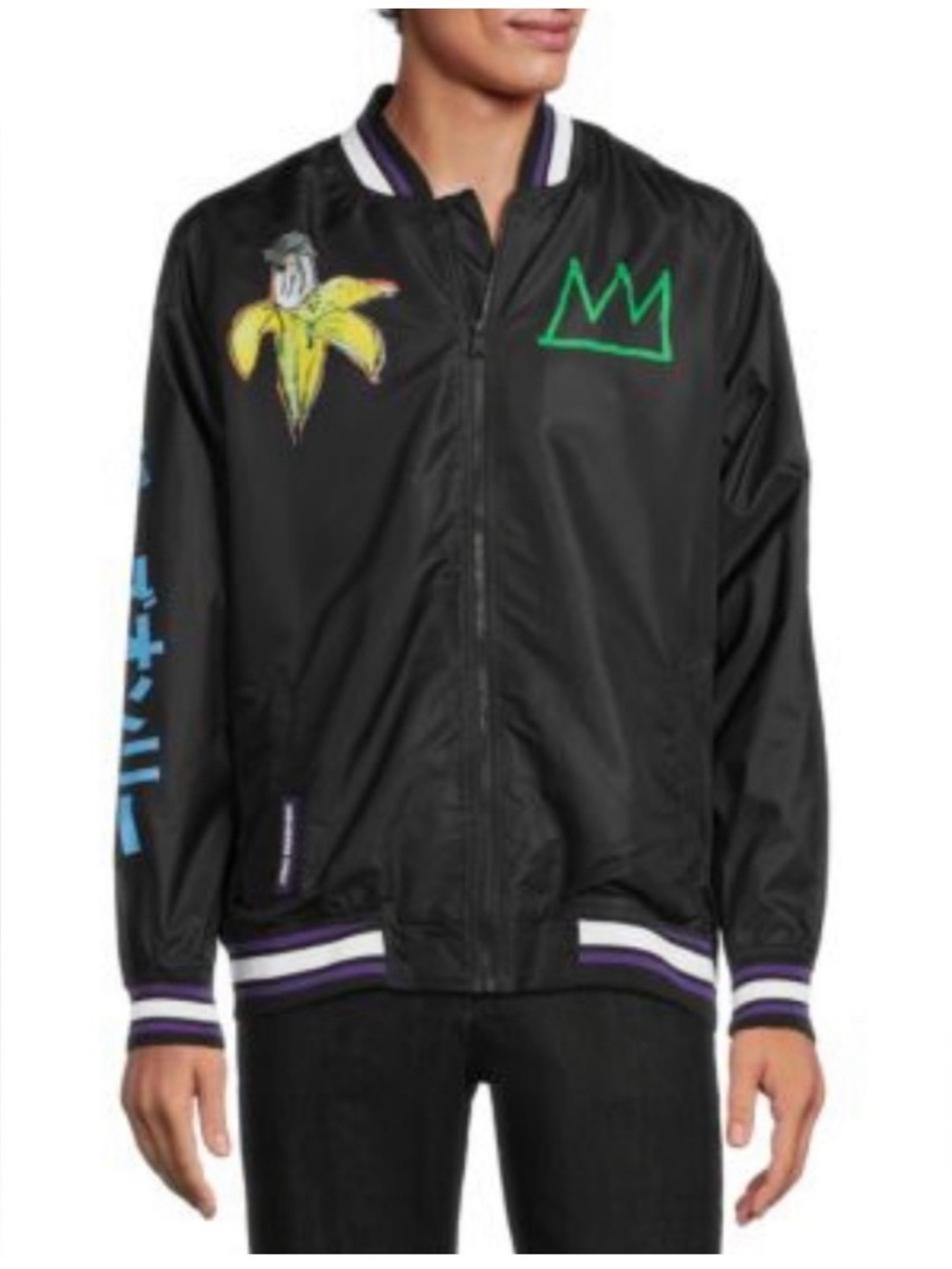 Jean-Michael Basquiat members only Black Graphic Bomber Jacket with Neon Accents